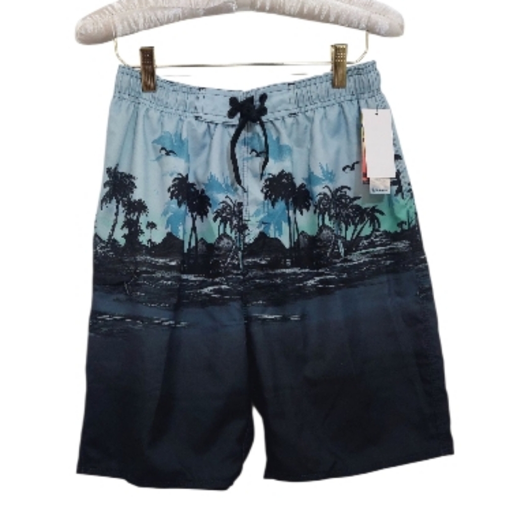 Burnside Boys Size Small Swim Trunks Shorts Grey Palm Trees Surf Boards Ocean